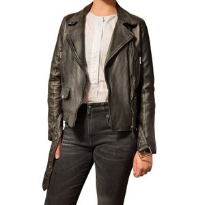 BOD & CHRISTENSEN Crop Leather Moto Jacket Belt Asymmetrical Zip Black Biker S